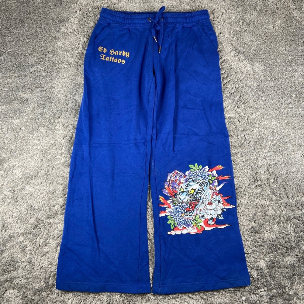 Ed Hardy Sweatpants Mens Large Blue Graphic Tattoo Tiger Baggy Streetwear Y2K